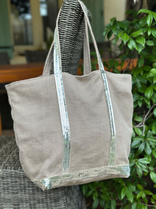 Tote Élégant en Lin Beige Naturel avec Détail Sequins Argentés