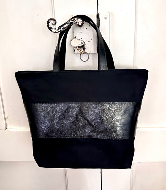 Black Canvas and  leather handmade tote bag with handheld handles