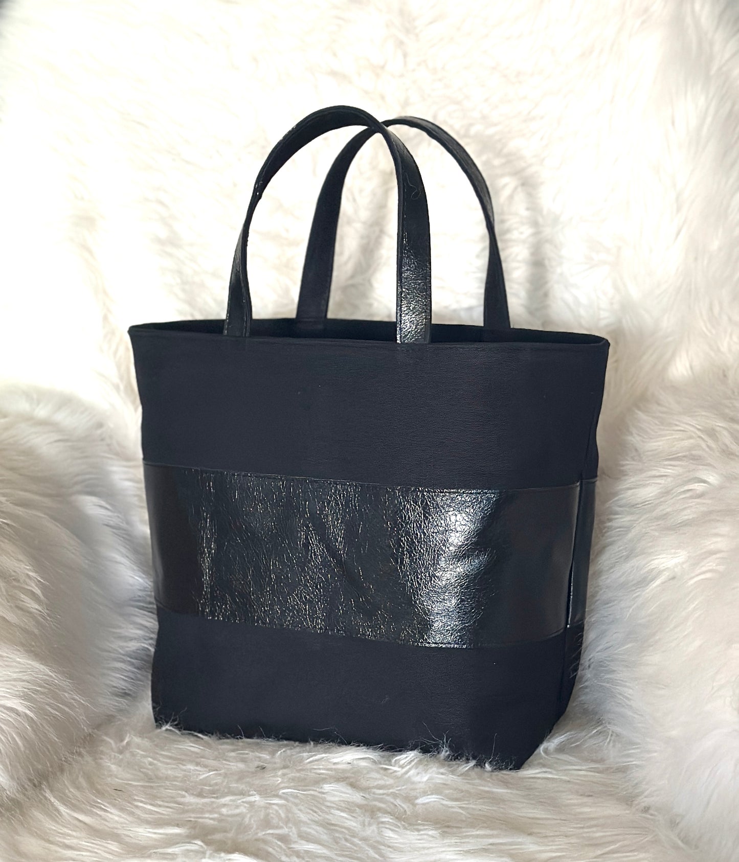 Black Canvas and  leather handmade tote bag with handheld handles