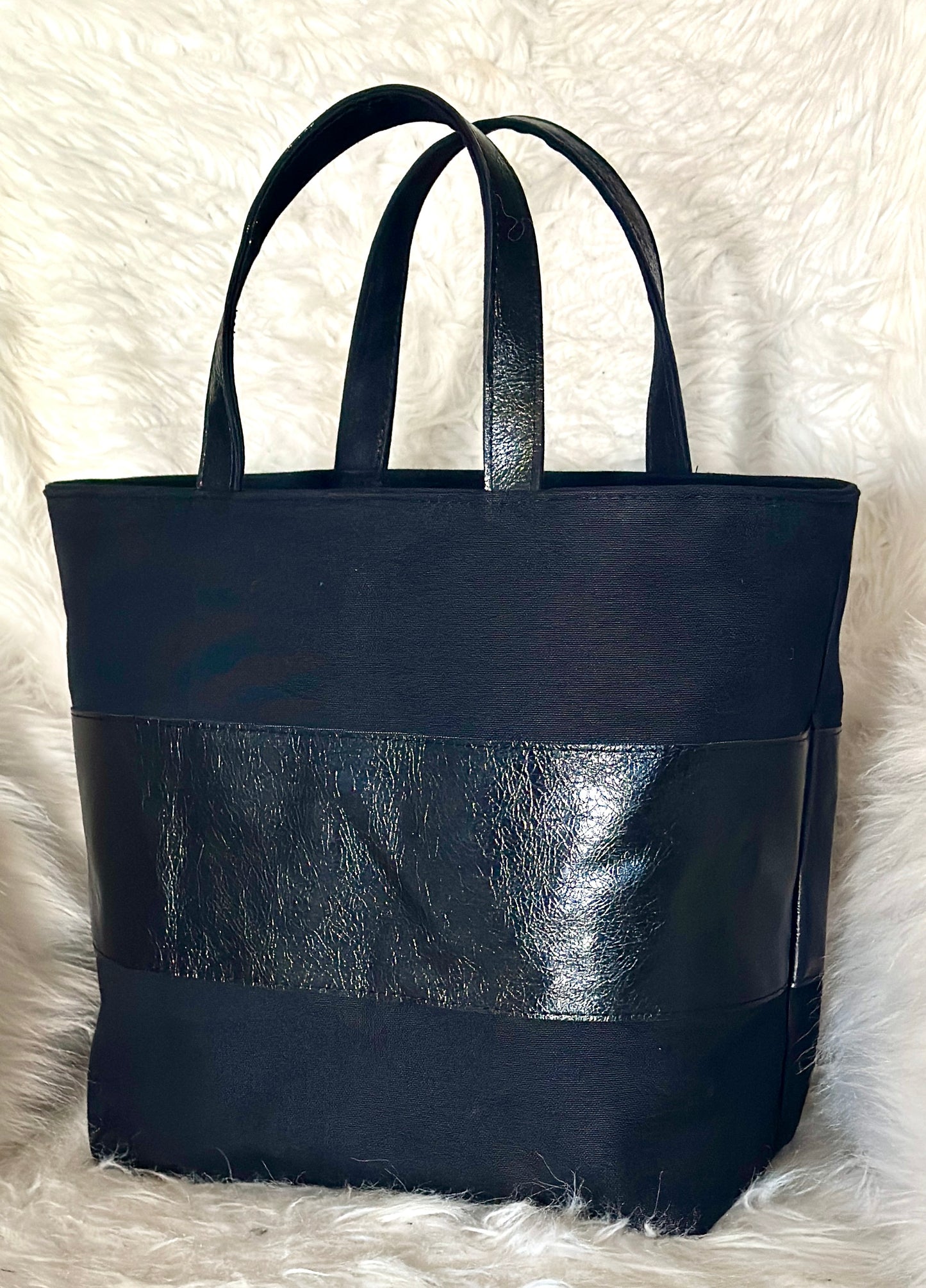 Black Canvas and  leather handmade tote bag with handheld handles