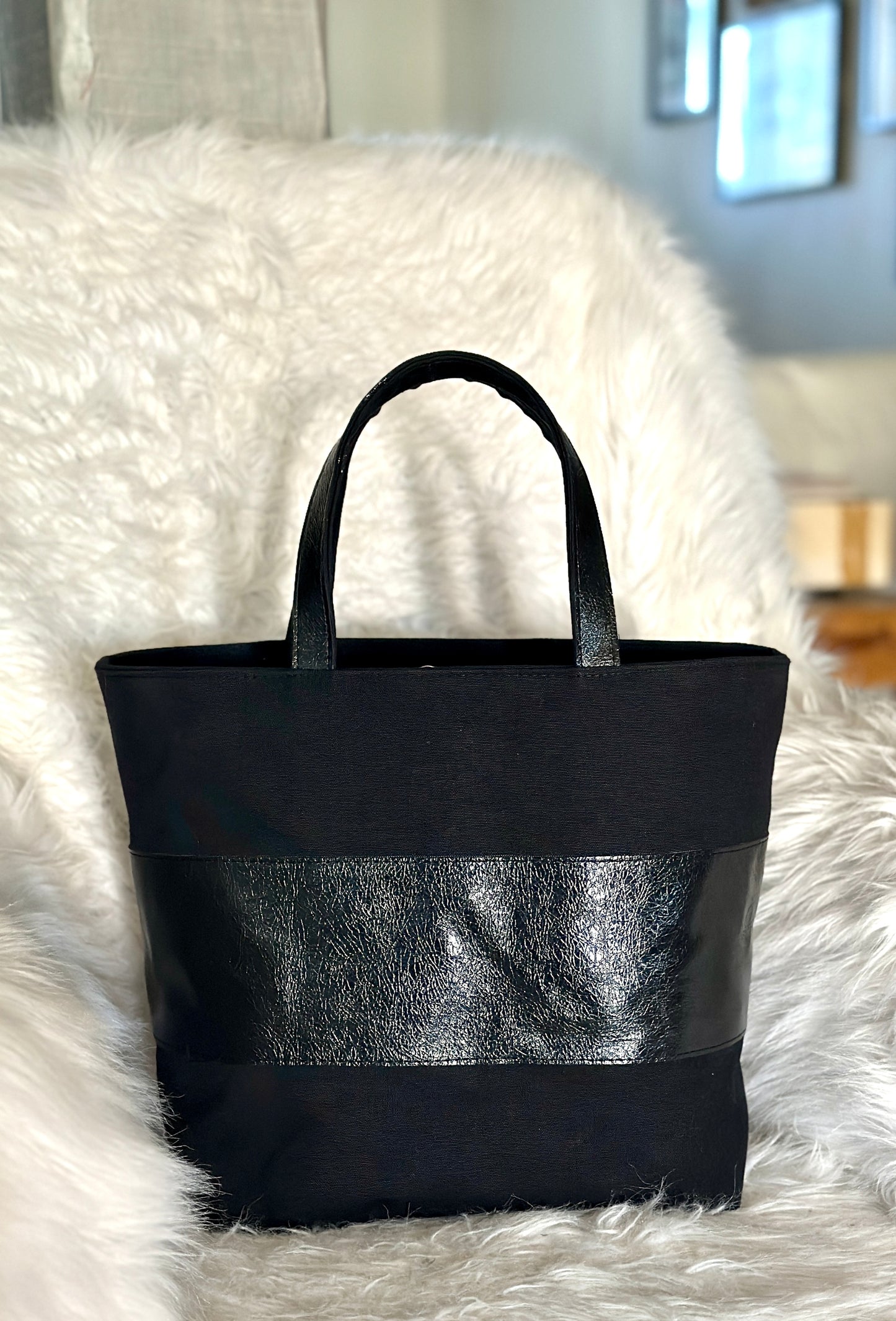 Black Canvas and  leather handmade tote bag with handheld handles