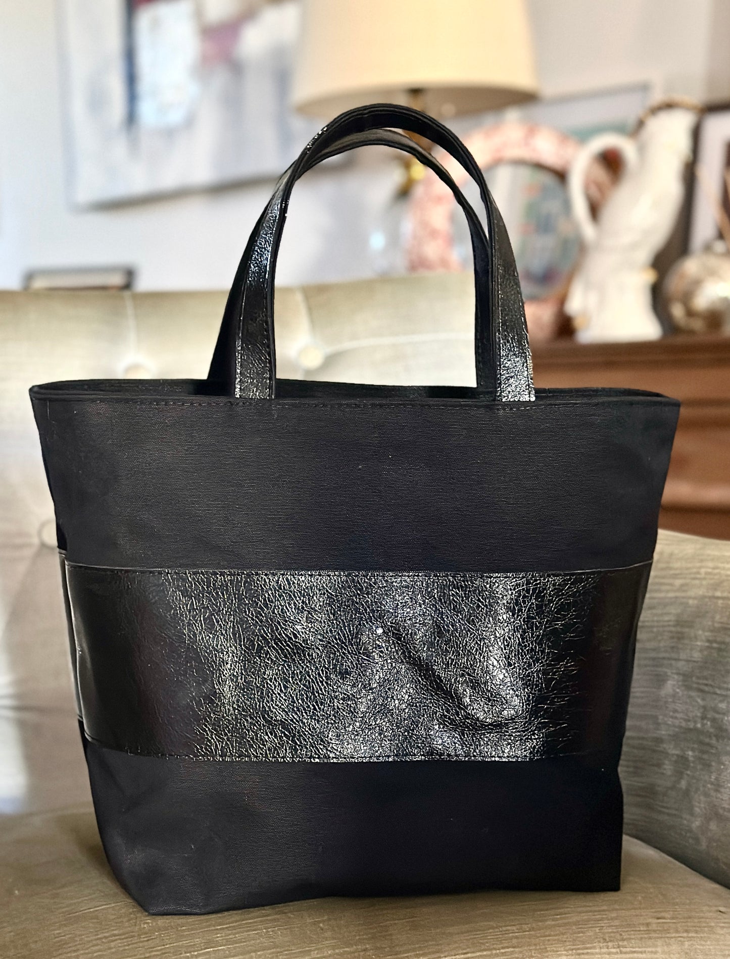 Black Canvas and  leather handmade tote bag with handheld handles