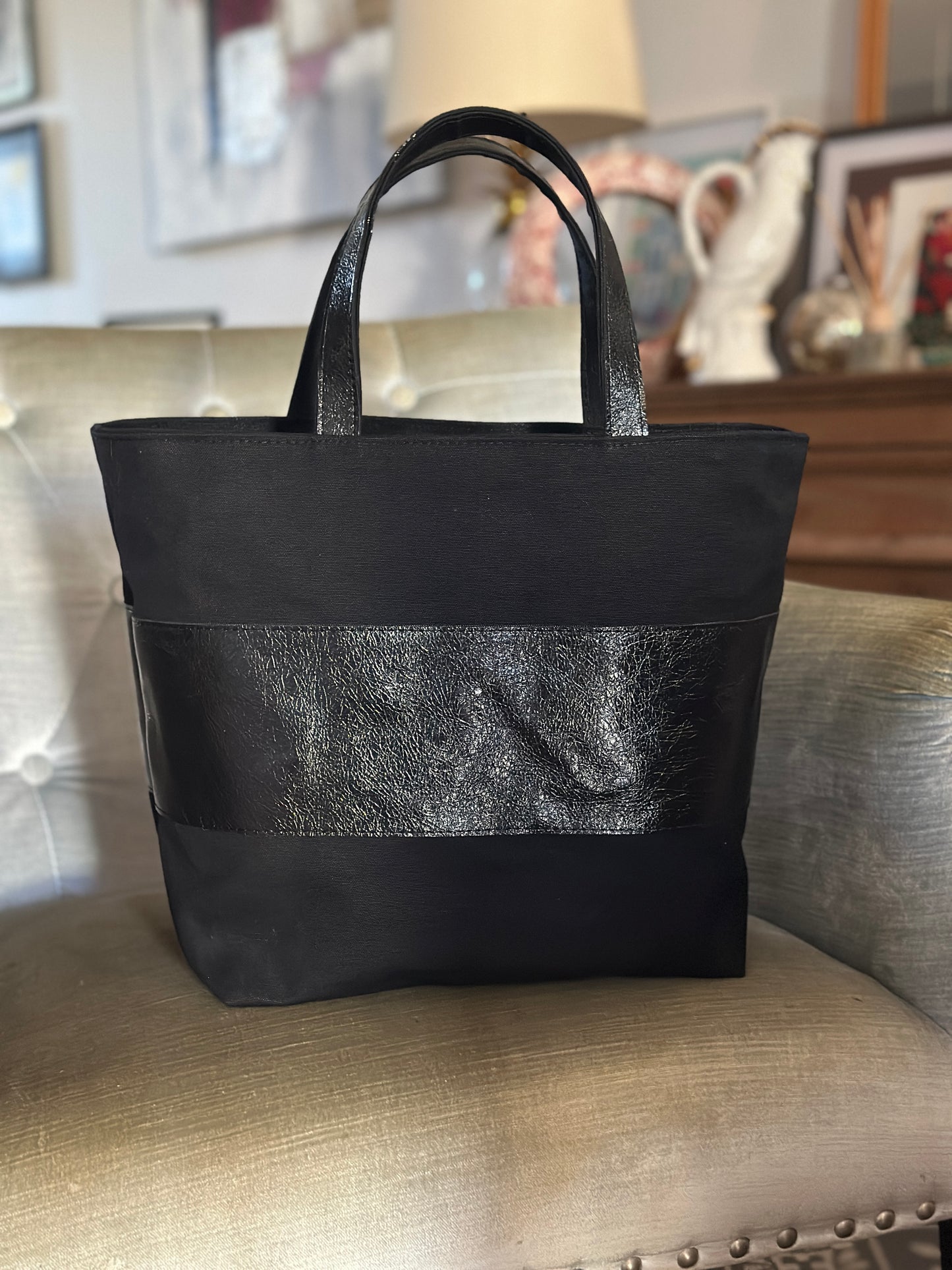 Black Canvas and  leather handmade tote bag with handheld handles