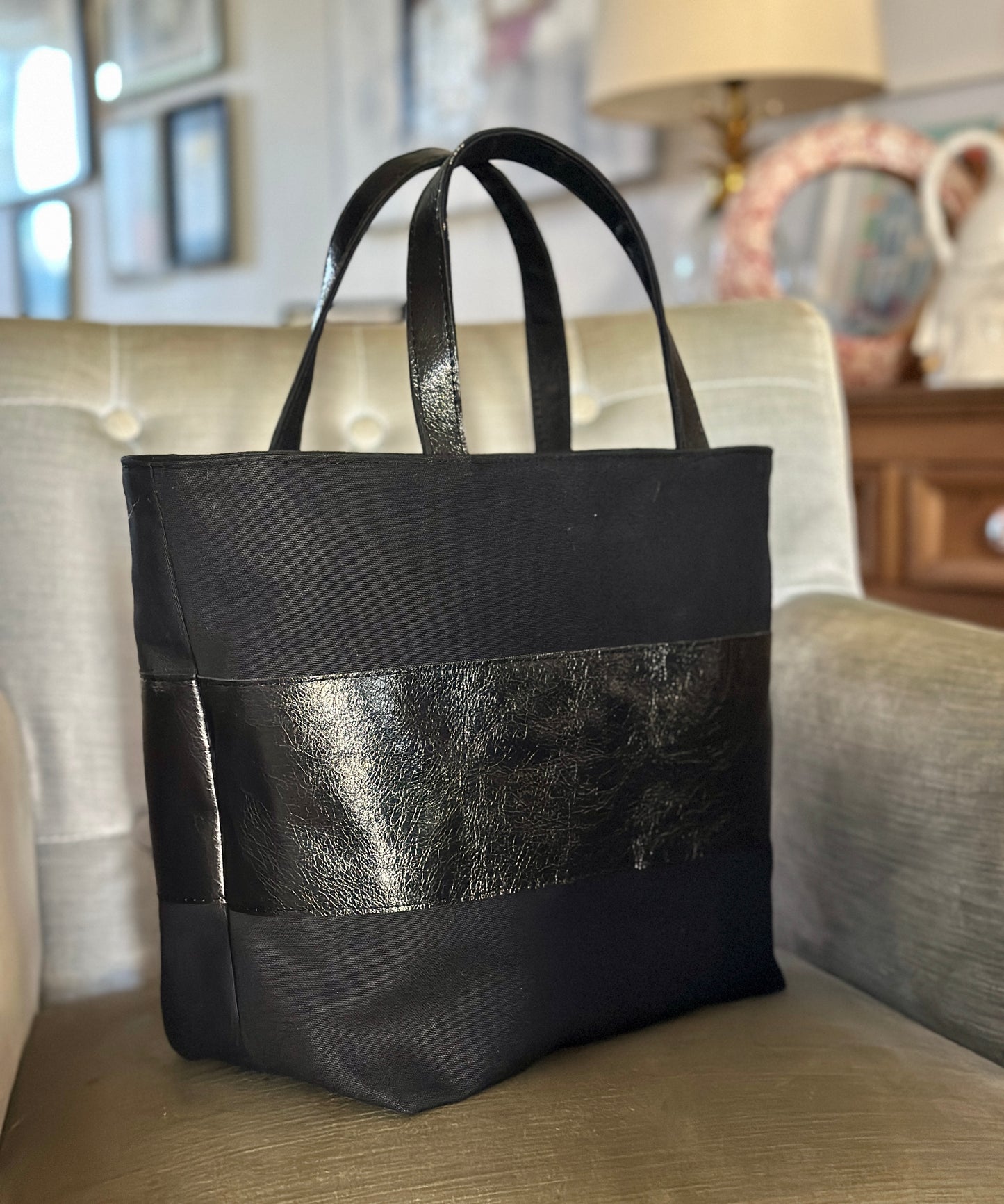 Black Canvas and  leather handmade tote bag with handheld handles