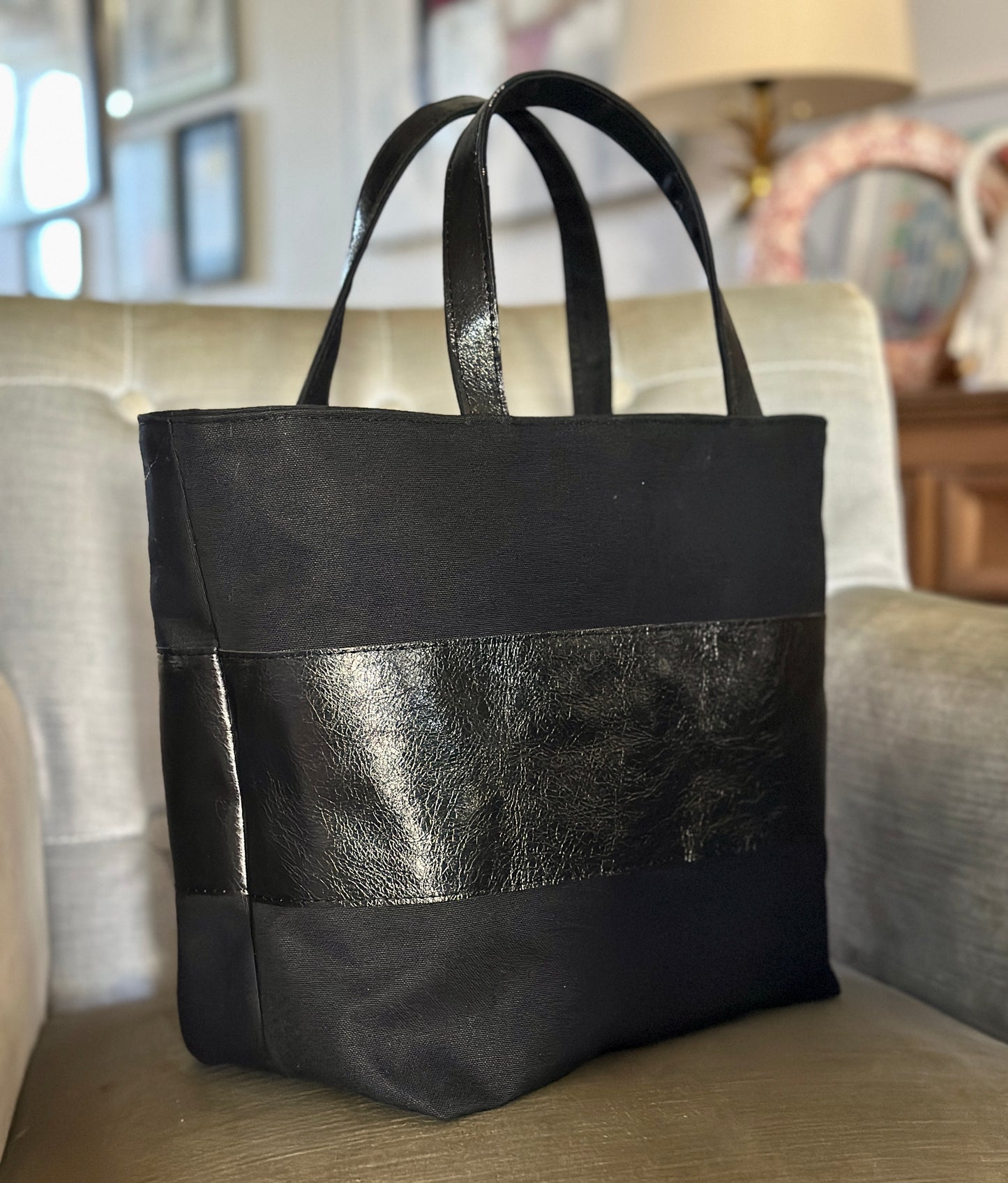 Black Canvas and  leather handmade tote bag with handheld handles