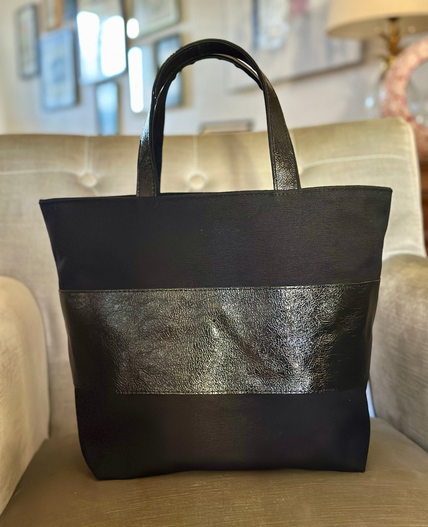 Black Canvas and  leather handmade tote bag with handheld handles