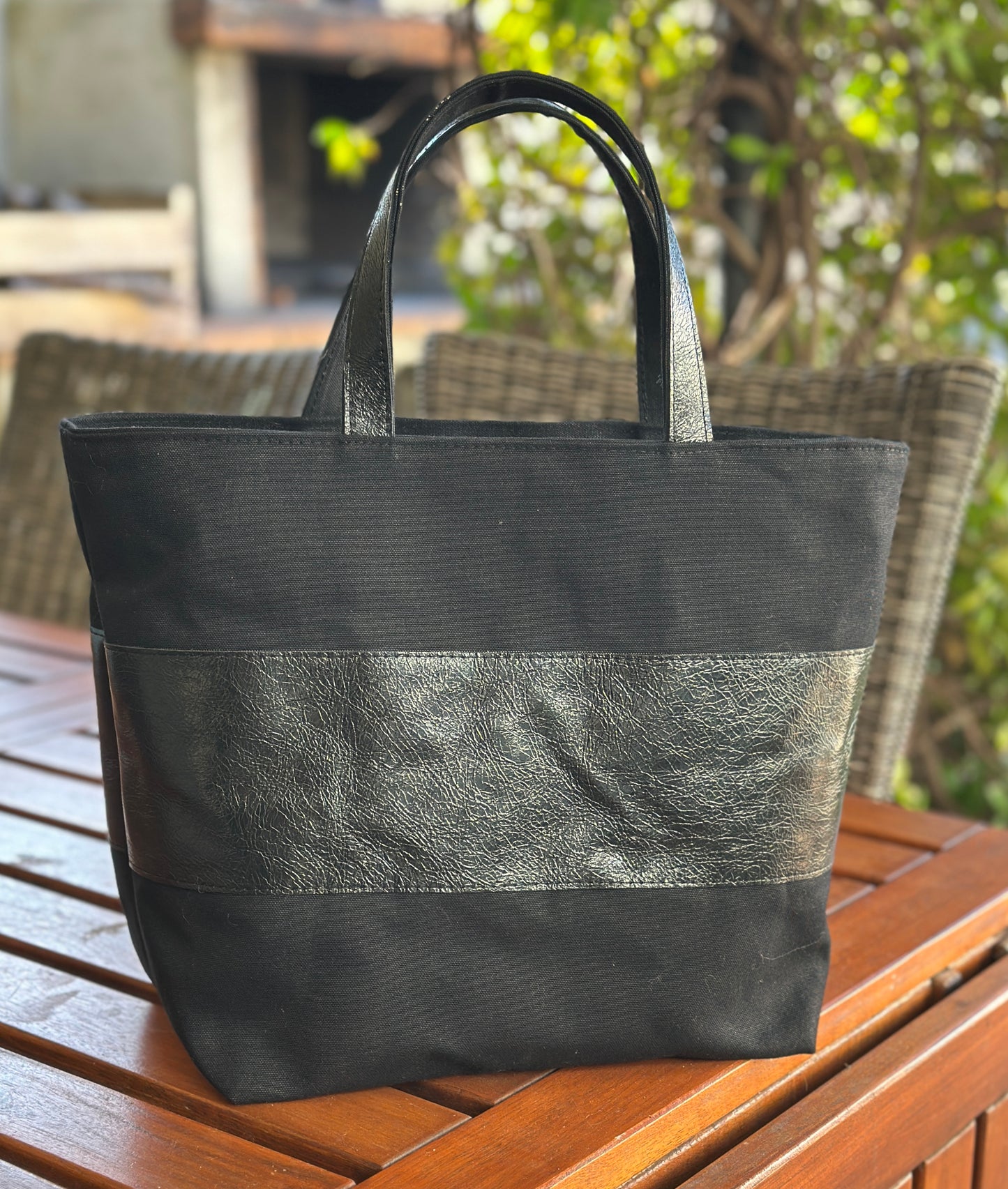 Black Canvas and  leather handmade tote bag with handheld handles