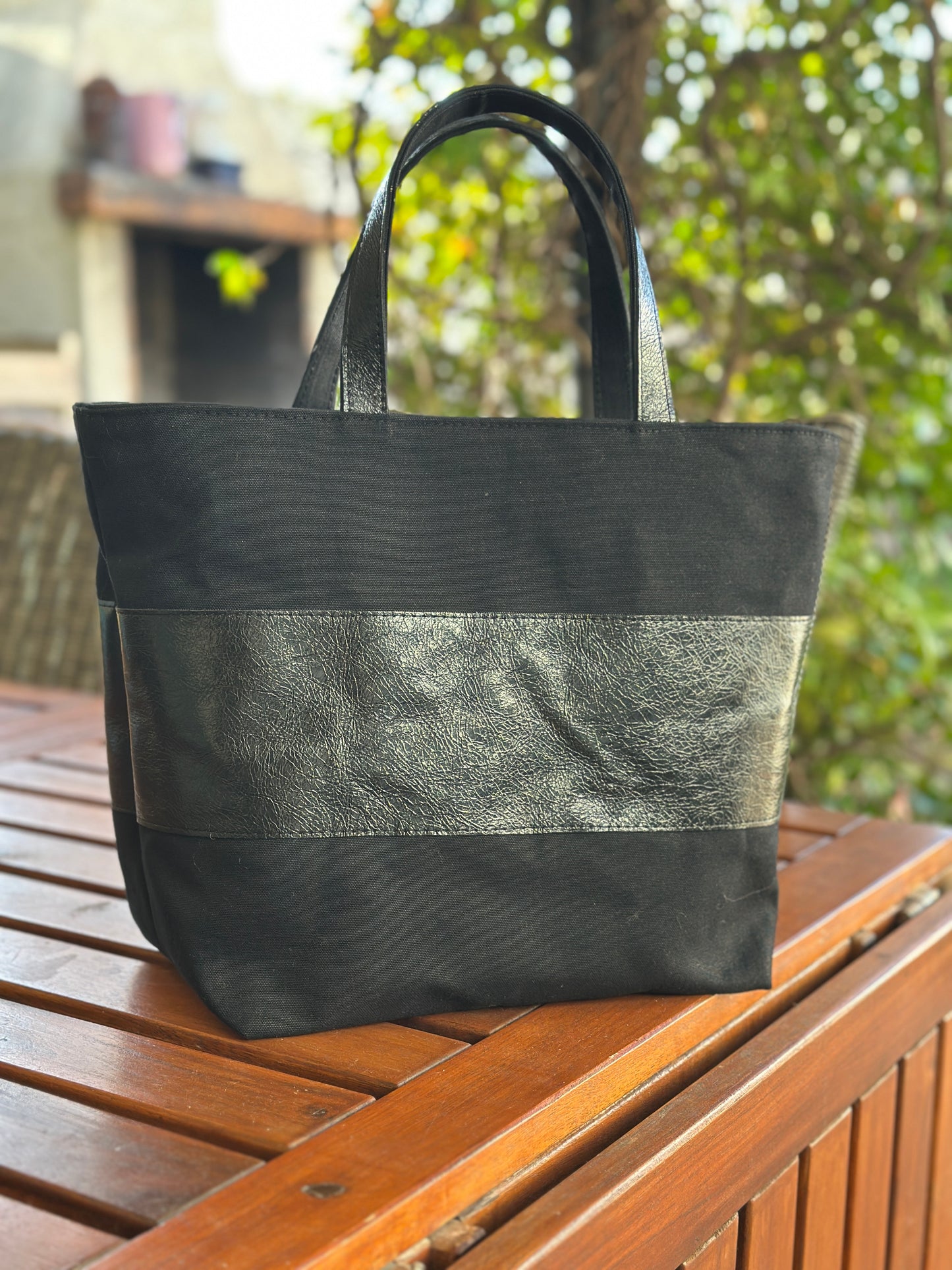 Black Canvas and  leather handmade tote bag with handheld handles