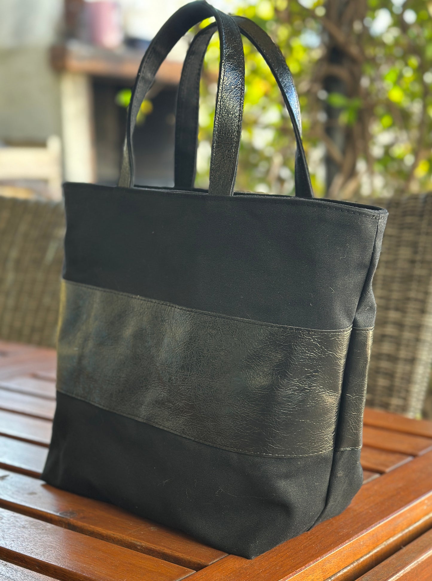 Black Canvas and  leather handmade tote bag with handheld handles