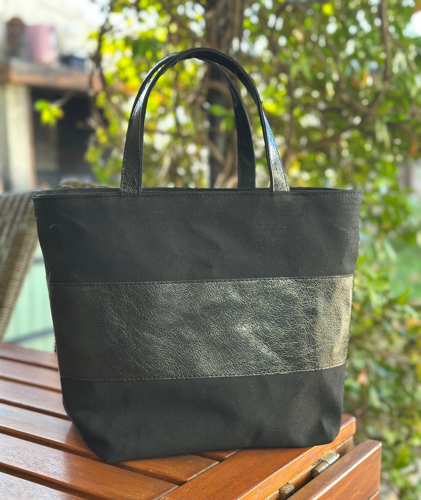 Black Canvas and  leather handmade tote bag with handheld handles