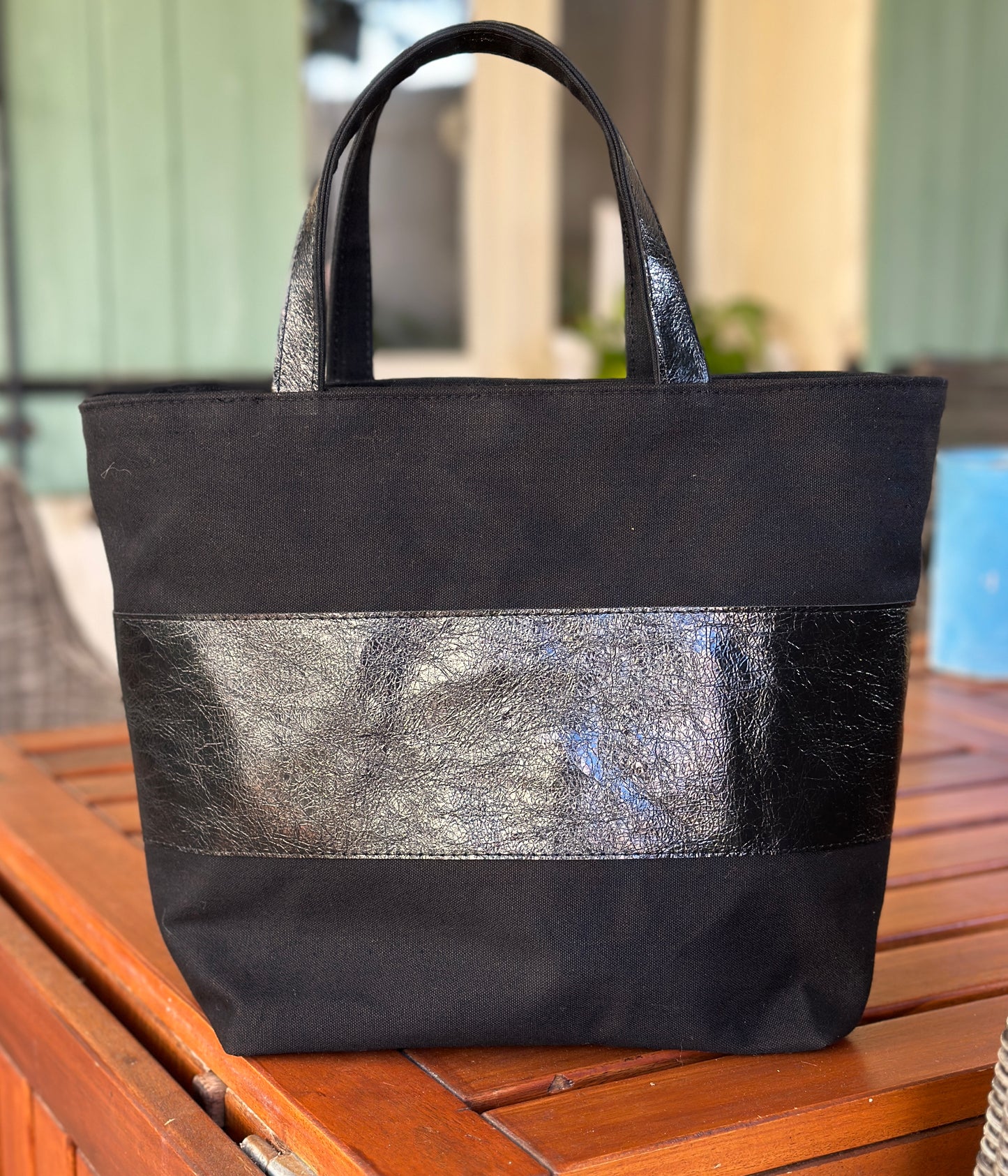 Black Canvas and  leather handmade tote bag with handheld handles