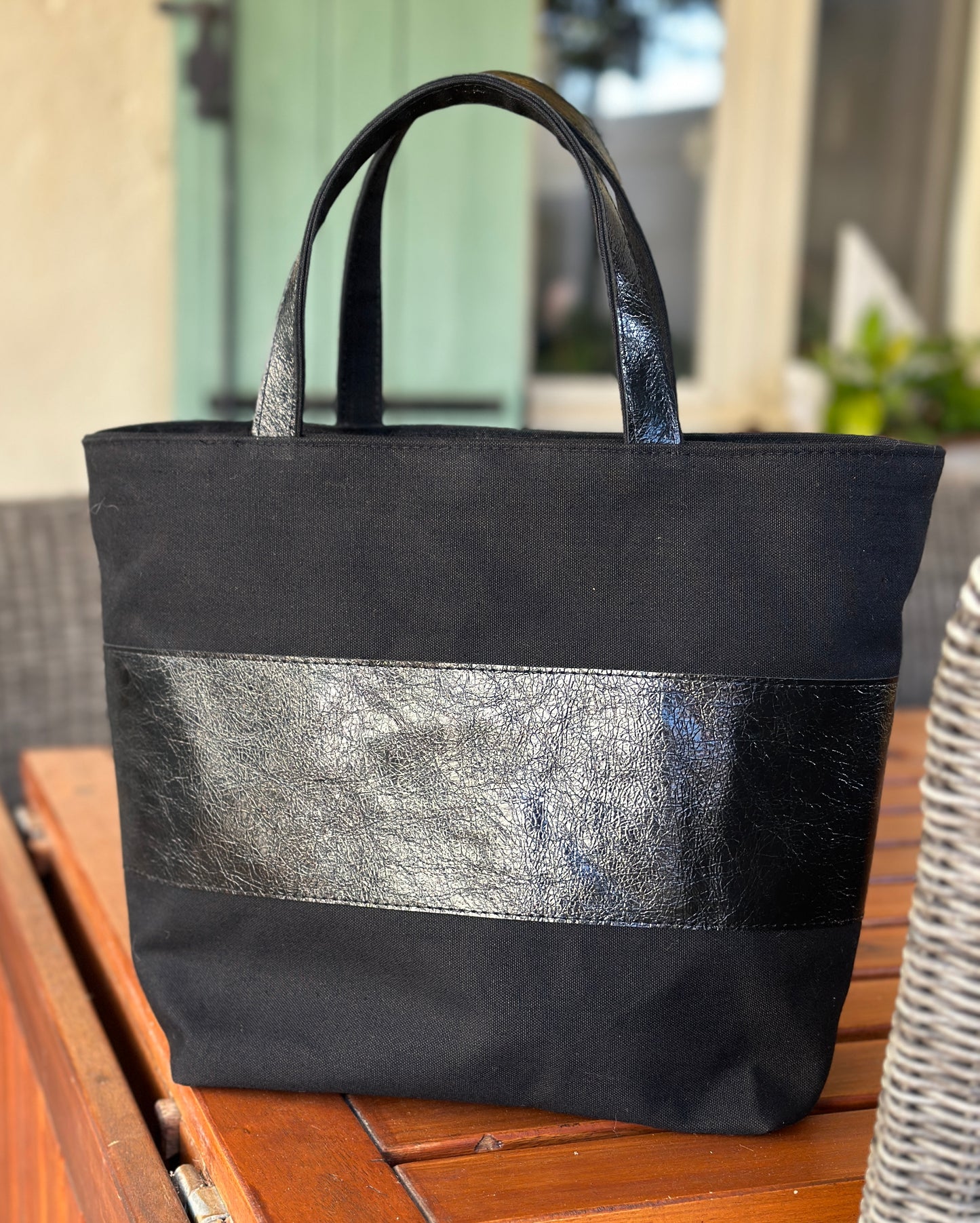 Black Canvas and  leather handmade tote bag with handheld handles