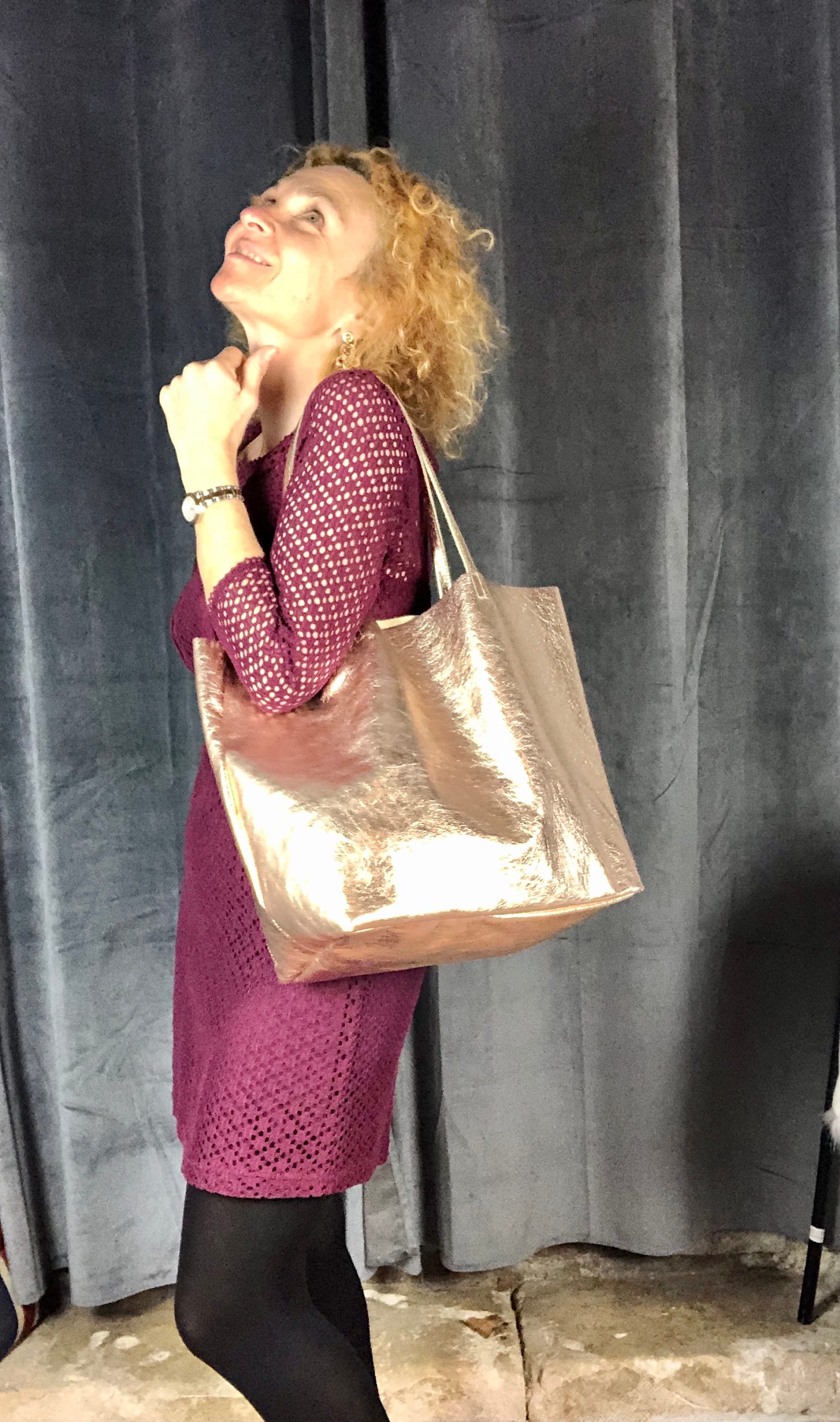 Rose gold leather tote bag on sale