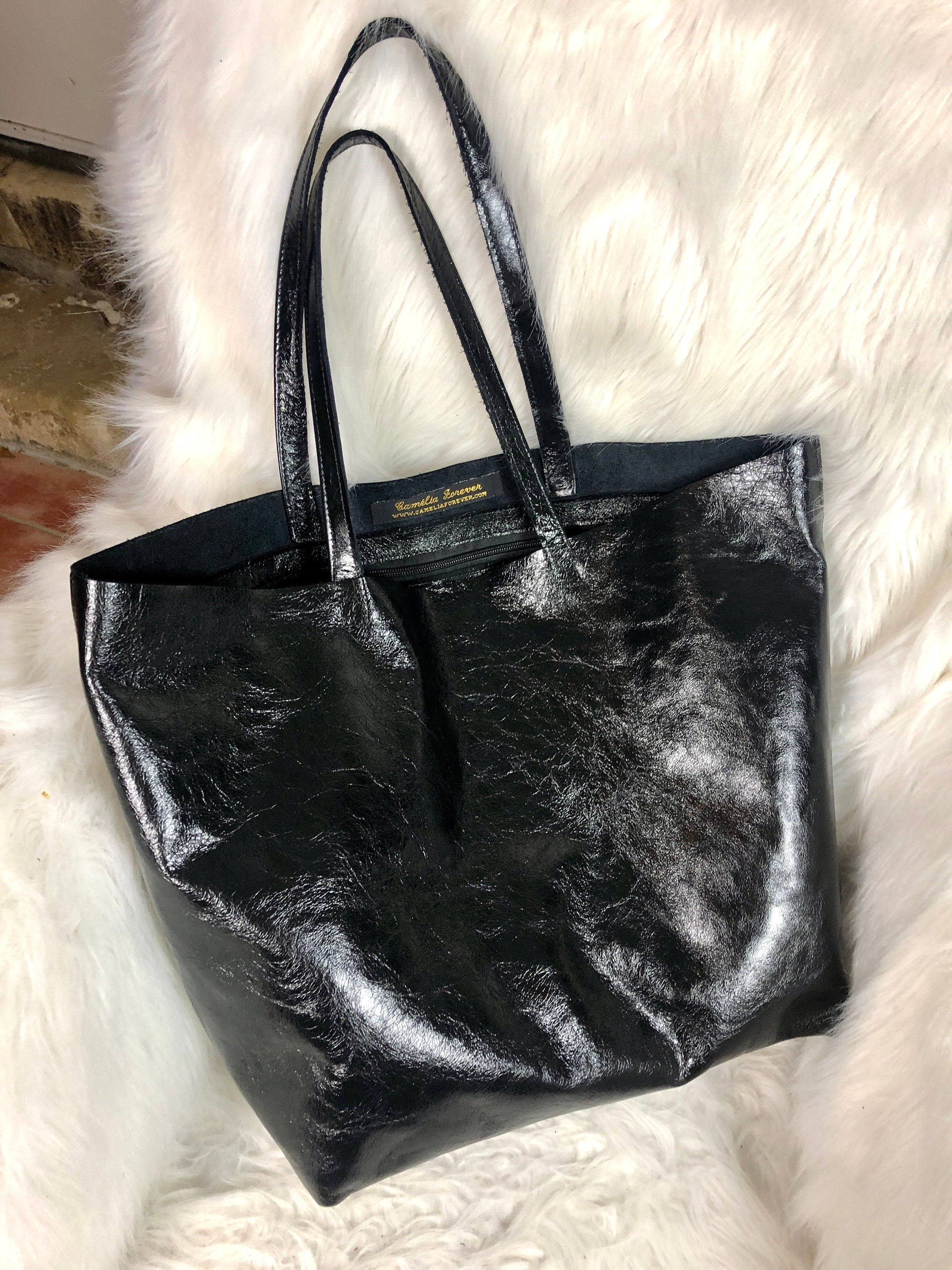 Black shiny tote top bag