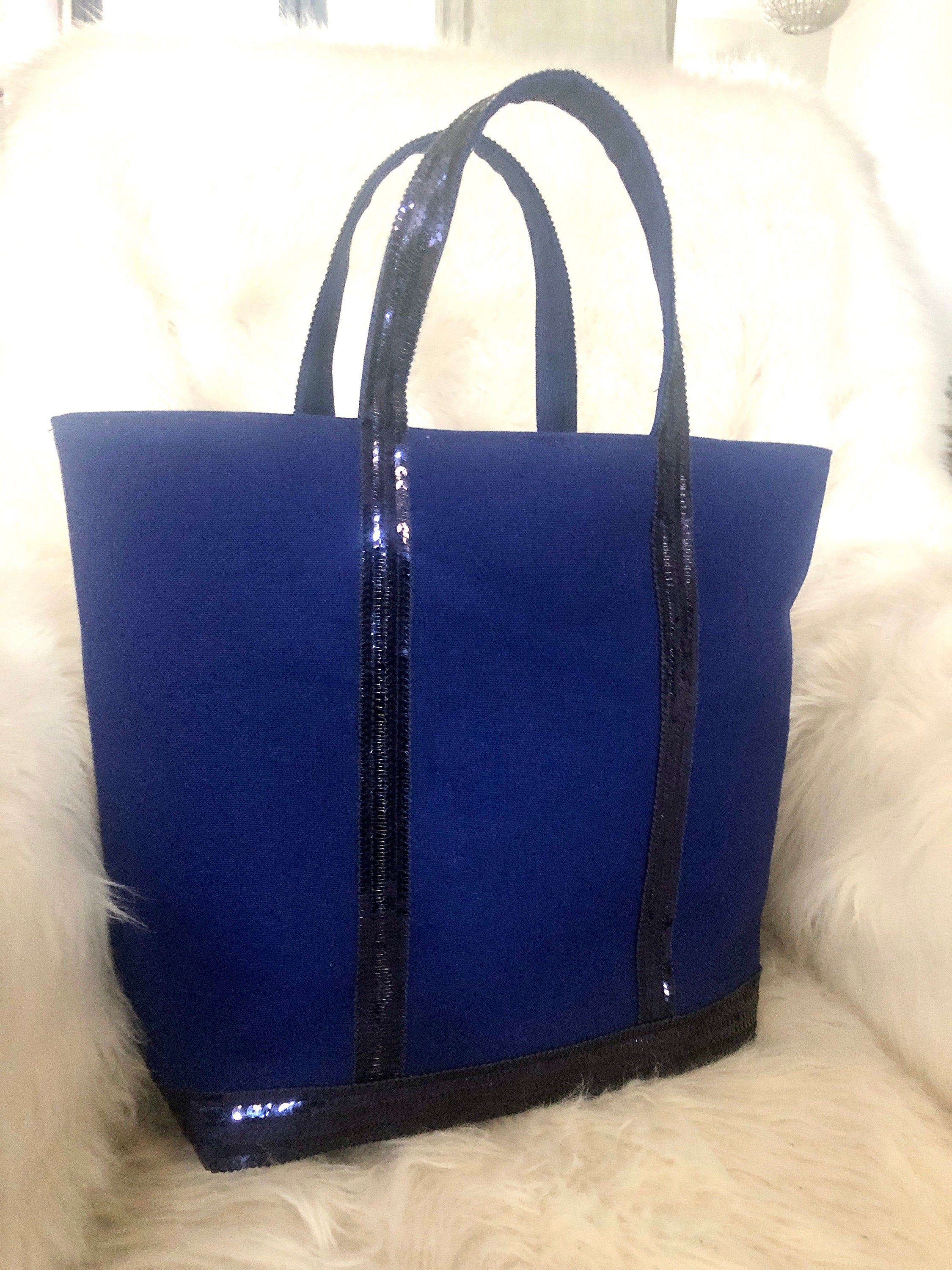 Sac cabas pour les cours sac cabas femme original en toile de coton bleu marine clair avec paillettes bleues marines